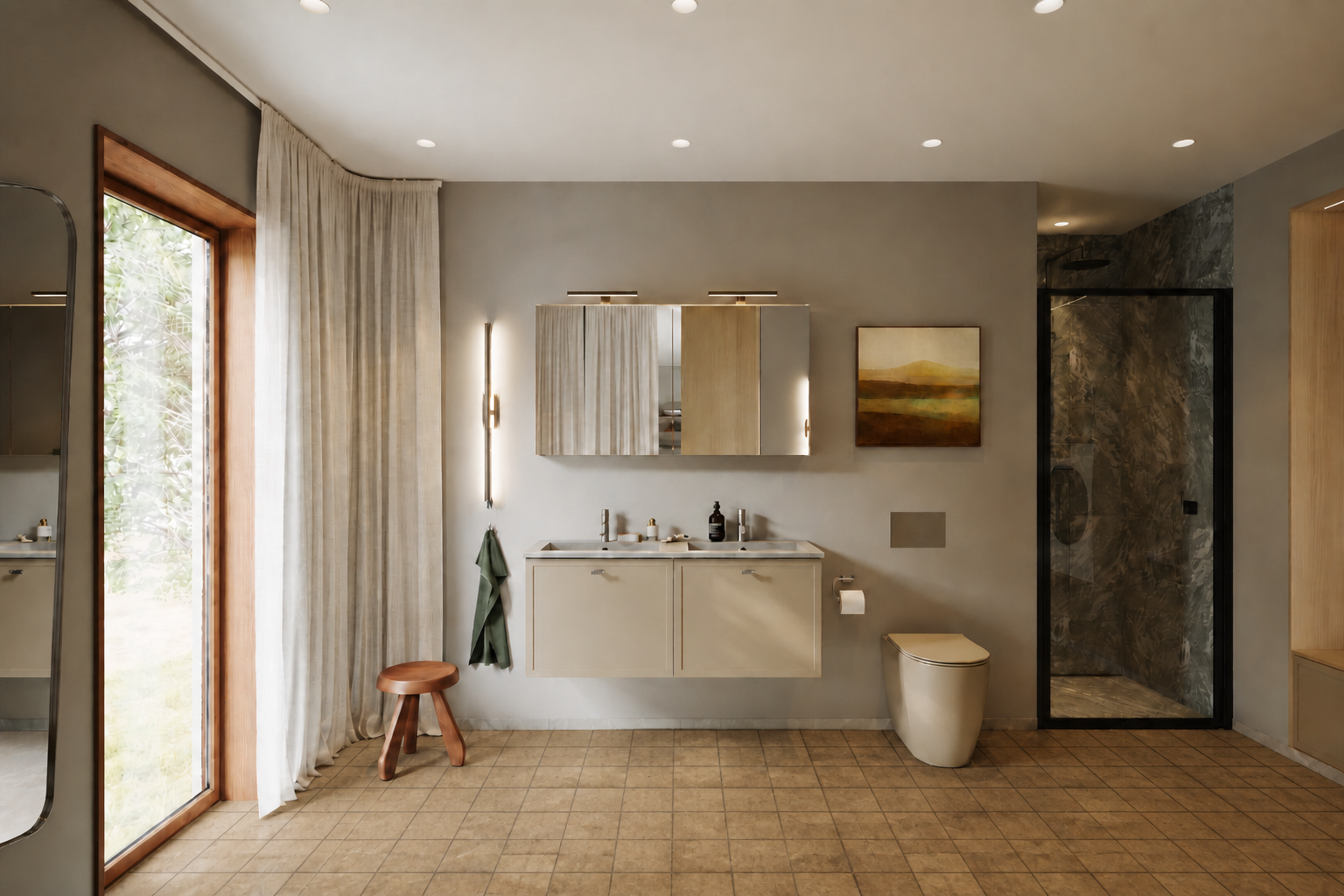 Illustrative bathroom before renovation with dated brown floor tiles