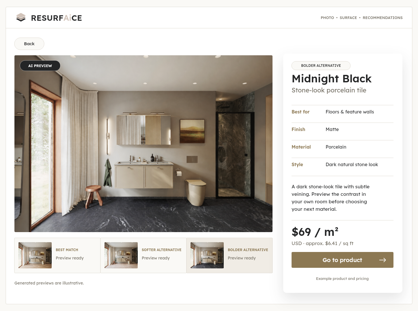 Midnight Black Tile preview with three material recommendations and illustrative USD pricing per square metre and square foot