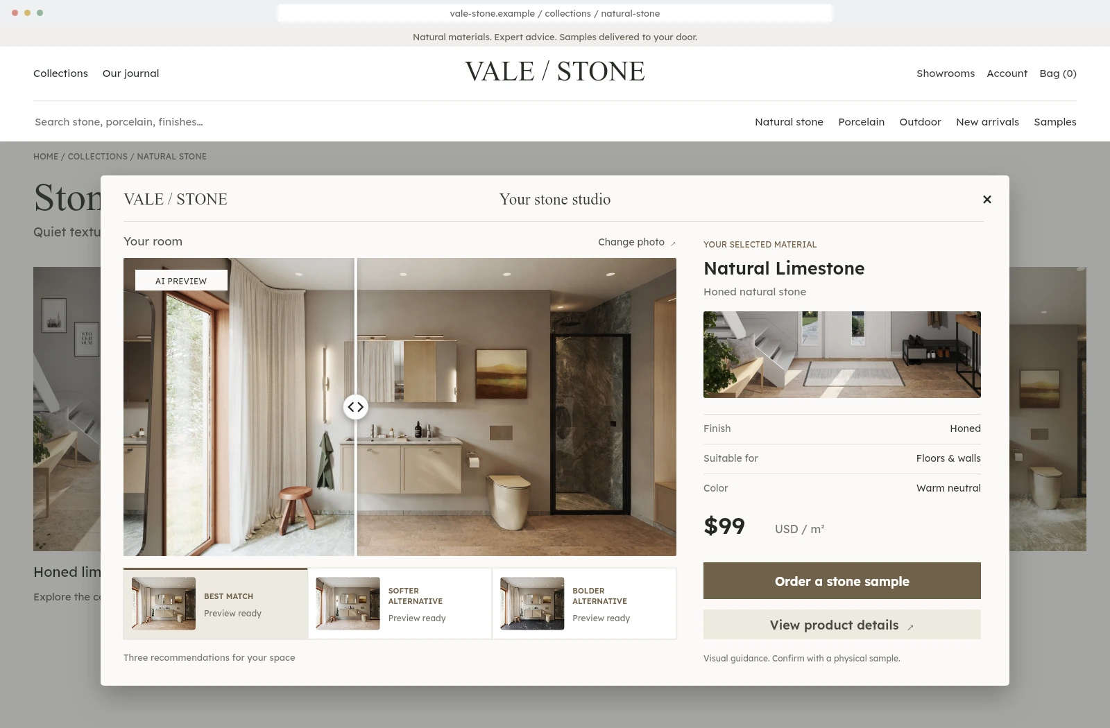 Fictional Vale Stone ecommerce collection page with a large branded stone visualizer overlay, three previews and sample ordering.