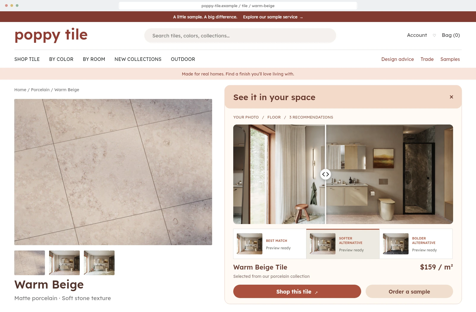Fictional Poppy Tile ecommerce product page with material photography on the left and a branded three-preview panel on the right.