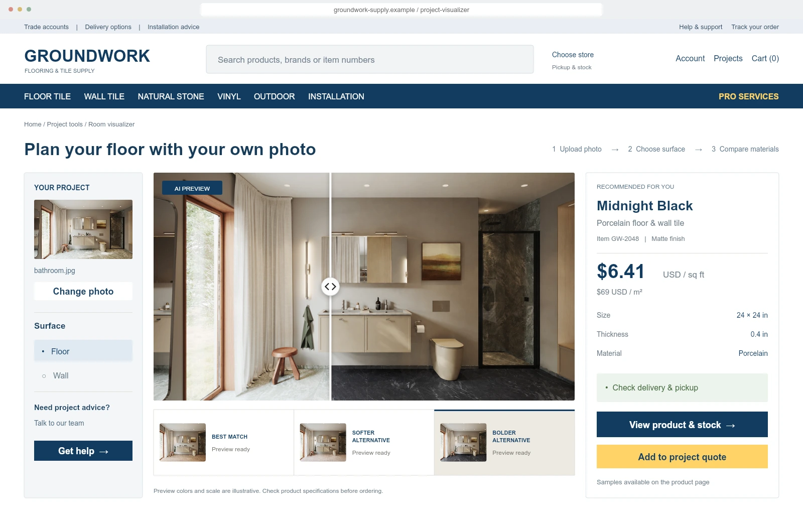 Fictional Groundwork Supply ecommerce visualizer page with retail search and navigation, project controls, three material previews and product specifications.